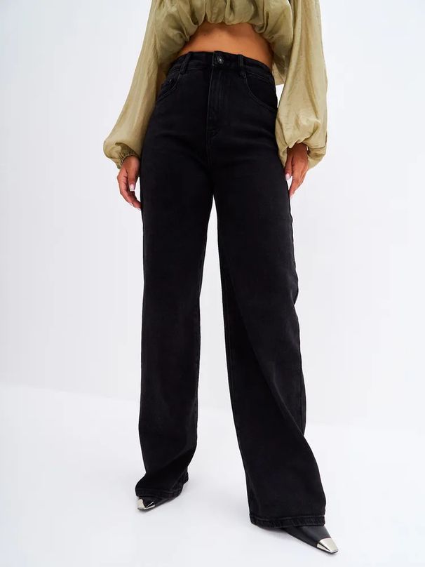 Women's Wide-Leg Denim Pants - High Waist Flowy Trousers, Classic Black, Comfortable Cotton Blend For Office & Casual (Sizes 25-32)_mkmklike.com