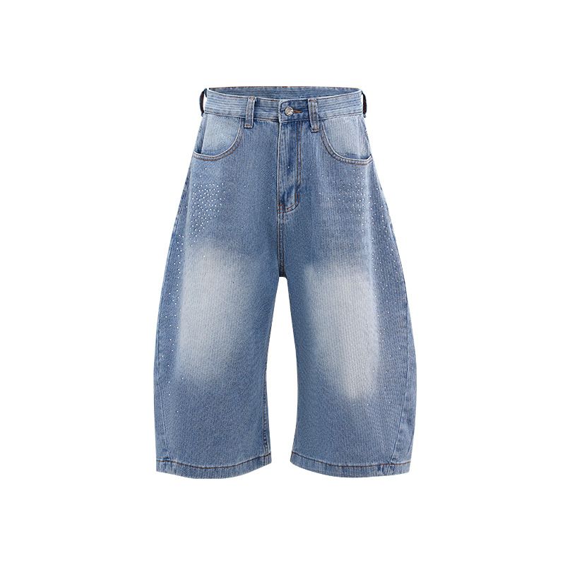 Men's Distressed Denim Shorts – Vintage Washed Light Blue Star-Embellished Cargo Cutoffs (S-Xl, Mid-Rise, Streetwear)_mkmklike.com