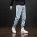 Men's Korean Style Oversized Cargo Jeans | Acetate Stretch Tapered Ankle Pants | Streetwear Workwear (Grey/Black/Light Blue)_mkmklike.com