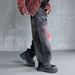 Men's Clothing Men's Trendy Black Washed Graffiti Jeans American Style Loose Fit Straight Leg Curved Blade Design_mkmklike.com