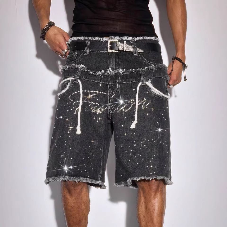 Men's European And American High Street Style Denim Shorts Rhinestone Embellished Retro Hip Hop Straight Leg Loose Double Waist Five Point_mkmklike.com