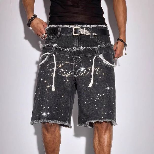 Men's European And American High Street Style Denim Shorts Rhinestone Embellished Retro Hip Hop Straight Leg Loose Double Waist Five Point_mkmklike.com