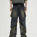 Men's Clothing Five Pointed Star Design Jeans For Men, American Retro Big Pockets, Raw Edges, Distressed Washed High Street Workwear Wide Leg Trousers_mkmklike.com