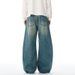 American Style Washed Vintage Scimitar Jeans For Men, Trendy High Street Pleated Loose Wide-Leg Pants_mkmklike.com