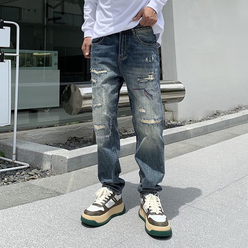 Men's Clothing Heavy Industry Denim Retro Men's Ripped Patch Straight Jeans American Washed Casual Denim Harem Daddy Pants_mkmklike.com
