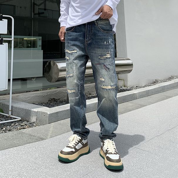 Men's Clothing Heavy Industry Denim Retro Men's Ripped Patch Straight Jeans American Washed Casual Denim Harem Daddy Pants_mkmklike.com