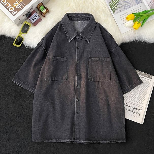 Northfold Summer Denim Short Sleeve Men Japanese Street Style Loose Student Trendy Brand BF Versatile Hip Hop Five-Sleeve Shirt_mkmklike.com