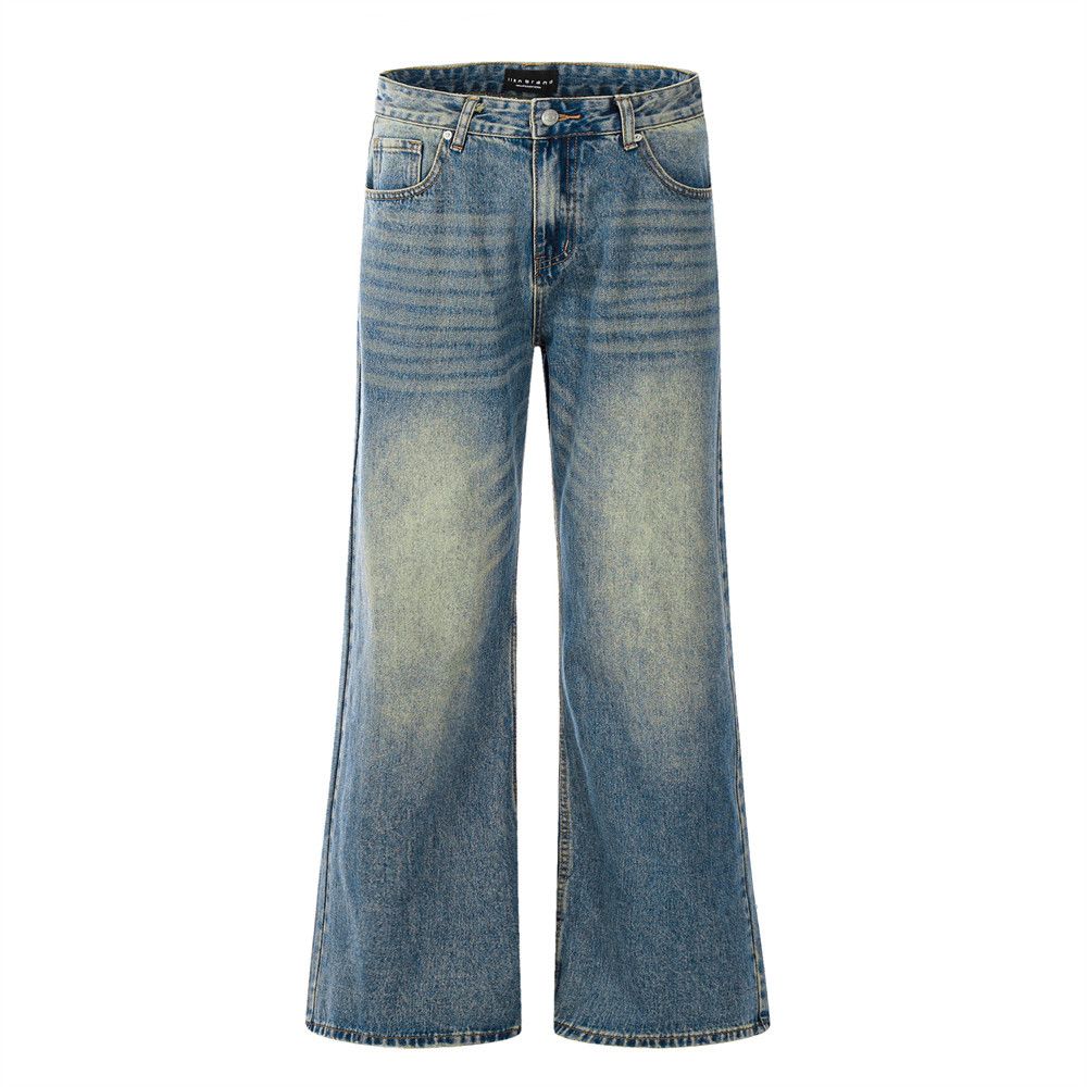 Washed Denim Flared Hippie Trend Loose Wide-Leg Long Pants Men's Vintage Distressed Floor-Length Casual_mkmklike.com
