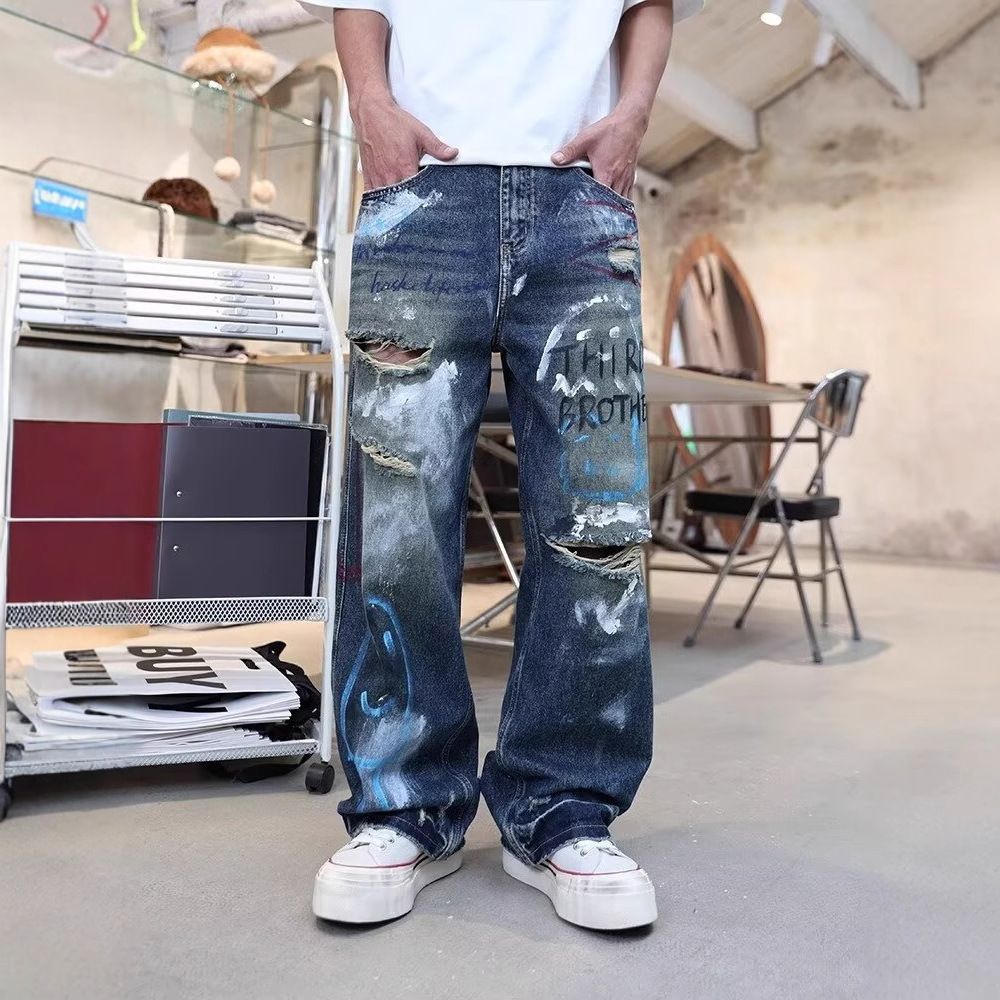 Men's Clothing Retro Personality Ripped Beggar Jeans Men Spring Street Fashion Brand Handsome Loose Straight Long Pants Men_mkmklike.com