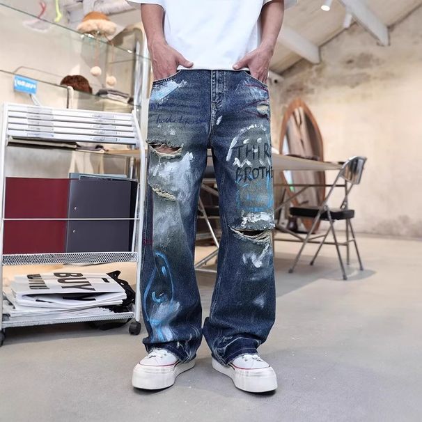 Men's Clothing Retro Personality Ripped Beggar Jeans Men Spring Street Fashion Brand Handsome Loose Straight Long Pants Men_mkmklike.com