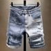 Ripped Denim Shorts For Men In Summer, Thin Print, Scraped And Slim Fit, Versatile Korean Style Trendy Cropped Pants_mkmklike.com