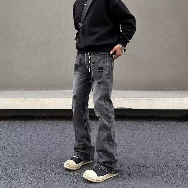 Men's Washed Black Ripped Jeans Straight Flared Cleanfit Pants mid Waist Long Non-Stretch Softener American High Street Style_mkmklike.com