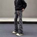Men's Washed Black Ripped Jeans Straight Flared Cleanfit Pants mid Waist Long Non-Stretch Softener American High Street Style_mkmklike.com