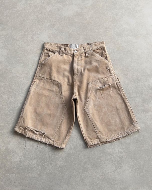 Men's Destroyed Denim Shorts - Y2K Grunge Workwear Jorts | Punk Raw Hem Loose Fit_mkmklike.com