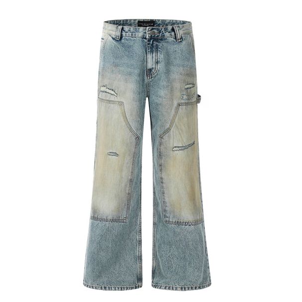 Wasteland Style Distressed Vintage Dirty Denim Flared Men's Trendy Patchwork Knife Cut Destroyed Washed Wide-Leg Long_mkmklike.com