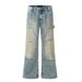 Wasteland Style Distressed Vintage Dirty Denim Flared Men's Trendy Patchwork Knife Cut Destroyed Washed Wide-Leg Long_mkmklike.com