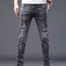 Splicing Ripped Jeans Men's Slim-fitting Small Straight Pants Patch Ripped Holes And Scratched Edges_mkmklike.com