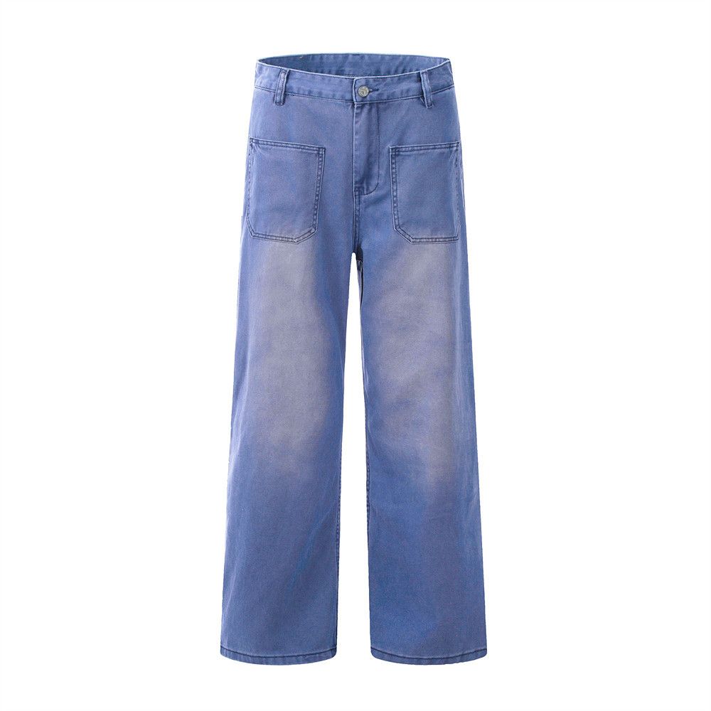 Washed And Distressed Workwear Jeans For Men, American Street Style, Loose Wide-Leg Pants, Straight-Leg Trousers_mkmklike.com
