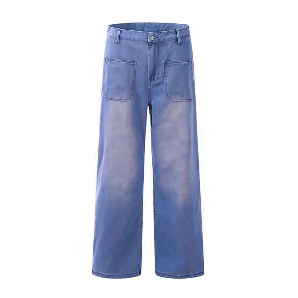 Washed And Distressed Workwear Jeans For Men, American Street Style, Loose Wide-Leg Pants, Straight-Leg Trousers_mkmklike.com