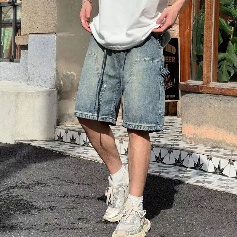 Men's Clothing Workwear Denim Shorts Versatile Washed Frosted Retro Trend Fashion Straight Pants_mkmklike.com