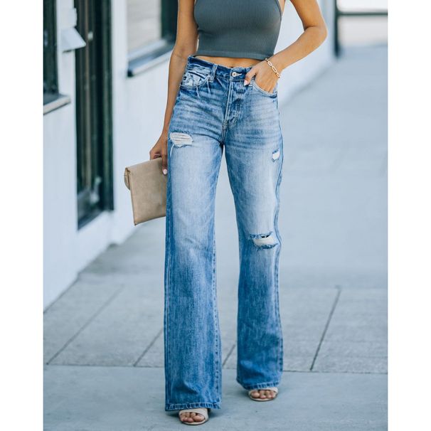 Women's Clothing Jeans Women's Fashion Washed Ripped Holes Slimming Wide Leg Denim Trousers_mkmklike.com