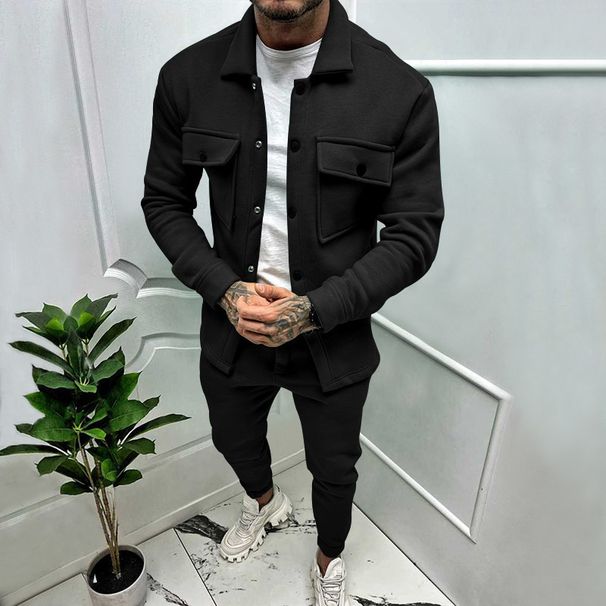 Men's clothing button suede casual jacket pants 2-piece set_mkmklike.com