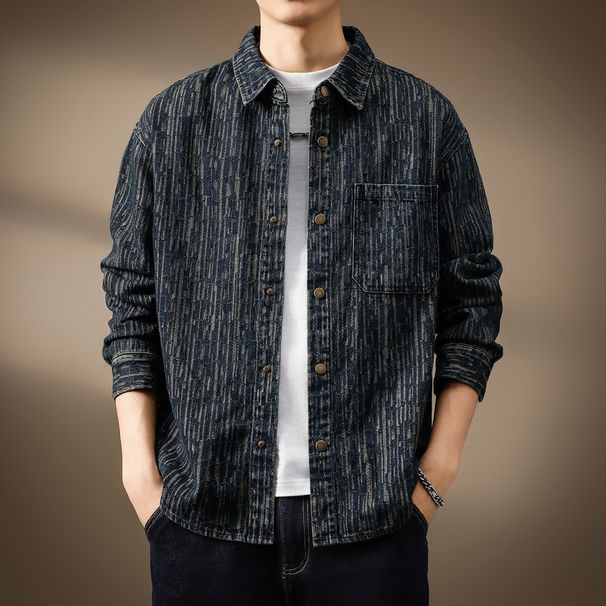 Men's Clothing Retro Jacquard Denim Shirt Loose Large Size Striped Washed Jacket Coat_mkmklike.com