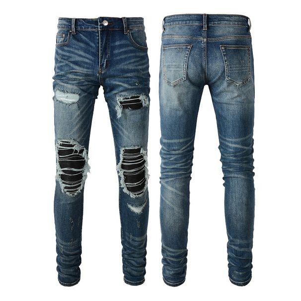 Men's Clothing American Retro Jeans For Men, Trendy PU Leather Ripped Patch Slim Fit Men's Trousers, Fashionable Trousers_mkmklike.com