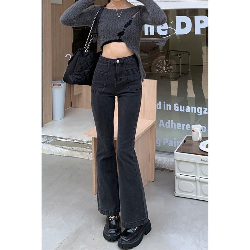 retro Denim Flared Pants For Women, High-waisted, Slim-fit, Straight-leg Black Trousers, European And American Style_mkmklike.com