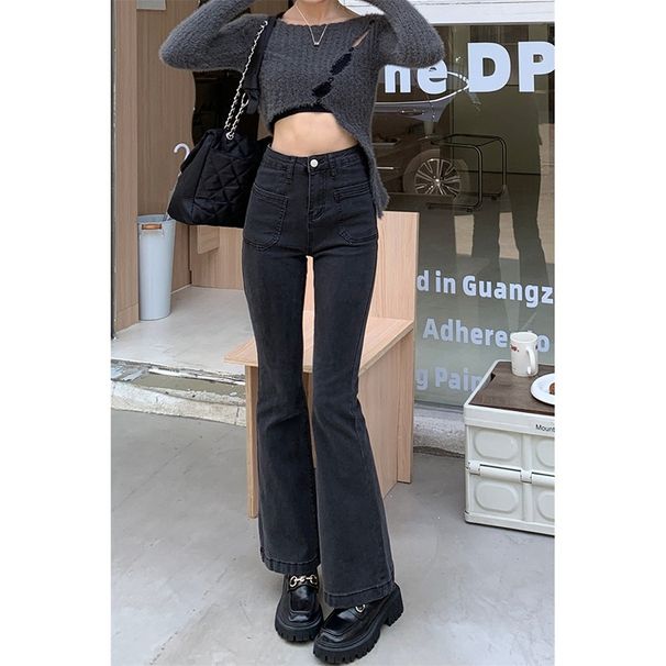 retro Denim Flared Pants For Women, High-waisted, Slim-fit, Straight-leg Black Trousers, European And American Style_mkmklike.com