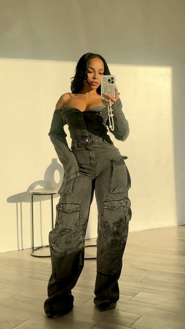 "Denim Jumpsuit For Women - Strapless Off-Shoulder Cardigan With Button Front & Utility Pockets (Blue/Black, S-XXL)"_mkmklike.com