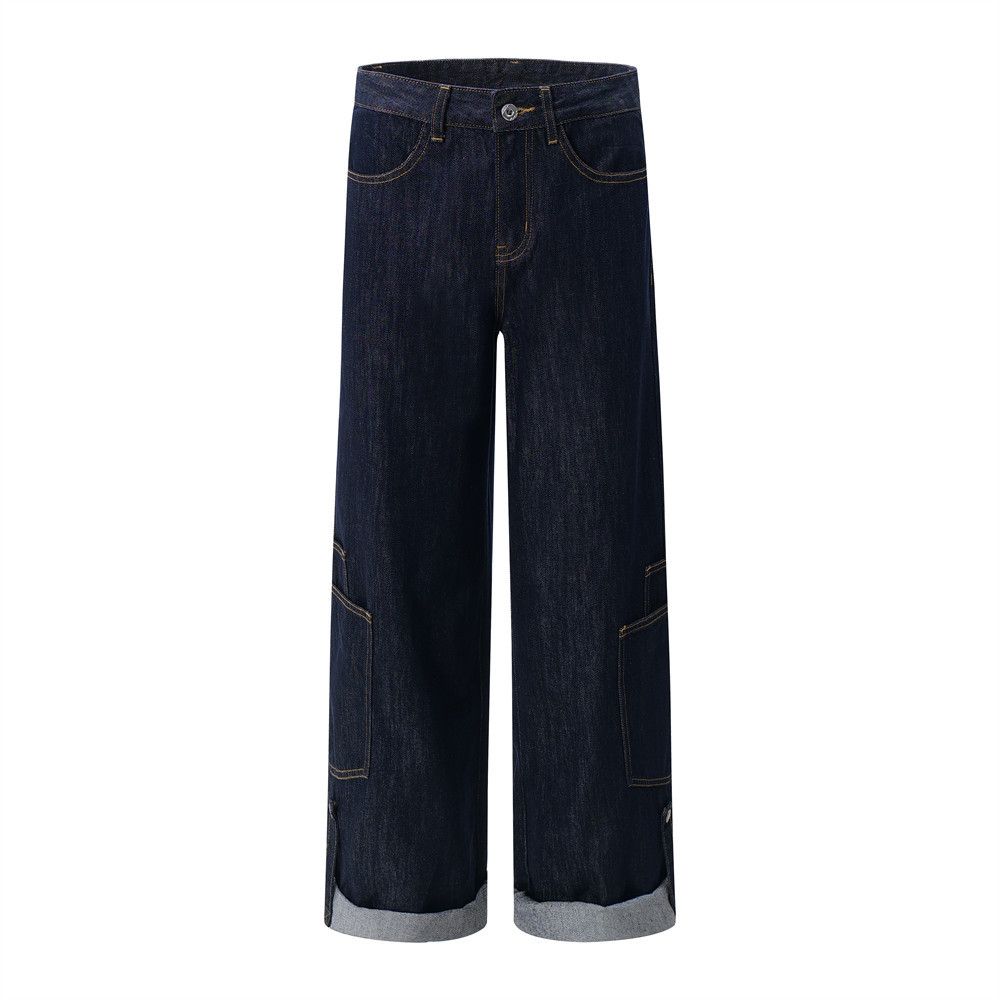 Personalized Workwear Jeans For Men, Trendy Brand, Stitched Pocket Design, Color-Block Cuffed Loose Wide-Leg Straight_mkmklike.com
