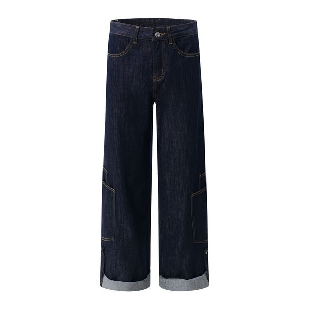 Personalized Workwear Jeans For Men, Trendy Brand, Stitched Pocket Design, Color-Block Cuffed Loose Wide-Leg Straight_mkmklike.com