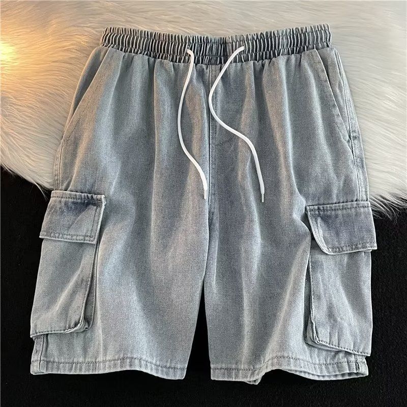 Men's Trendy Summer Loose Fitting Straight Leg Denim Shorts Casual Mid-Length With Ribbon Details Large Pockets Five Point Hong Kong Style_mkmklike.com