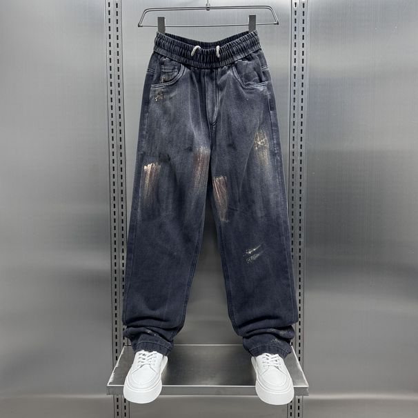 Men's Relaxed Fit Denim Pants – Vintage Washed, Drawstring Waist & Straight-Leg For Urban Street Style_mkmklike.com