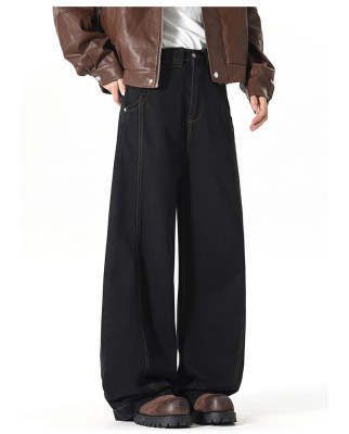 Men's High Street Wide Leg Jeans - Vintage Washed Loose Fit Straight Denim Pants With Dropped Hem (Retro Blue/Blue/Black)_mkmklike.com