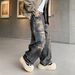 Distressed Denim Jeans For Men - Vintage Washed High Street Wide Leg Baggy Pants With Hand-Painted Details_mkmklike.com