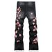 Men's Flared Denim Jeans With Embroidered Plum Blossom - Vintage Washed Streetwear Style (Sizes 28-42)_mkmklike.com