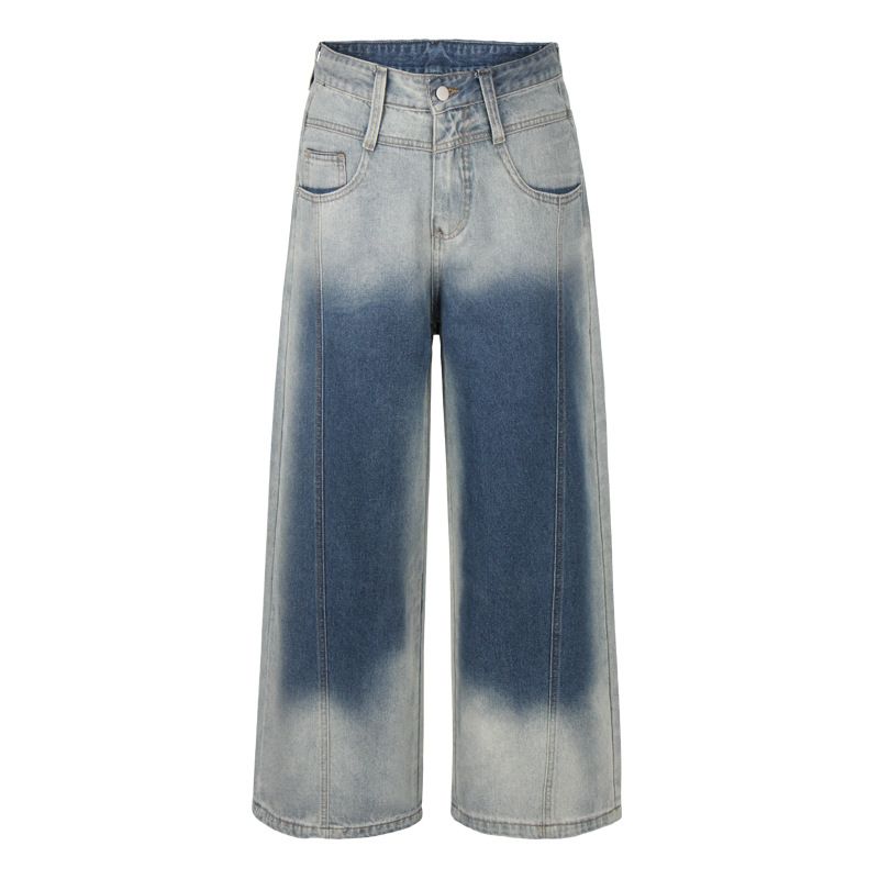 Vintage Washed Gradient Jeans For Men - Relaxed Straight Leg Denim Pants With High Waist & Button Fly, Casual Style_mkmklike.com
