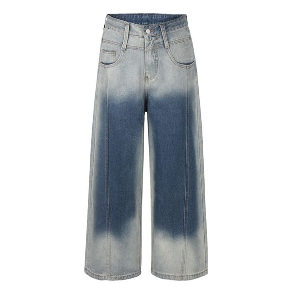 Vintage Washed Gradient Jeans For Men - Relaxed Straight Leg Denim Pants With High Waist & Button Fly, Casual Style_mkmklike.com