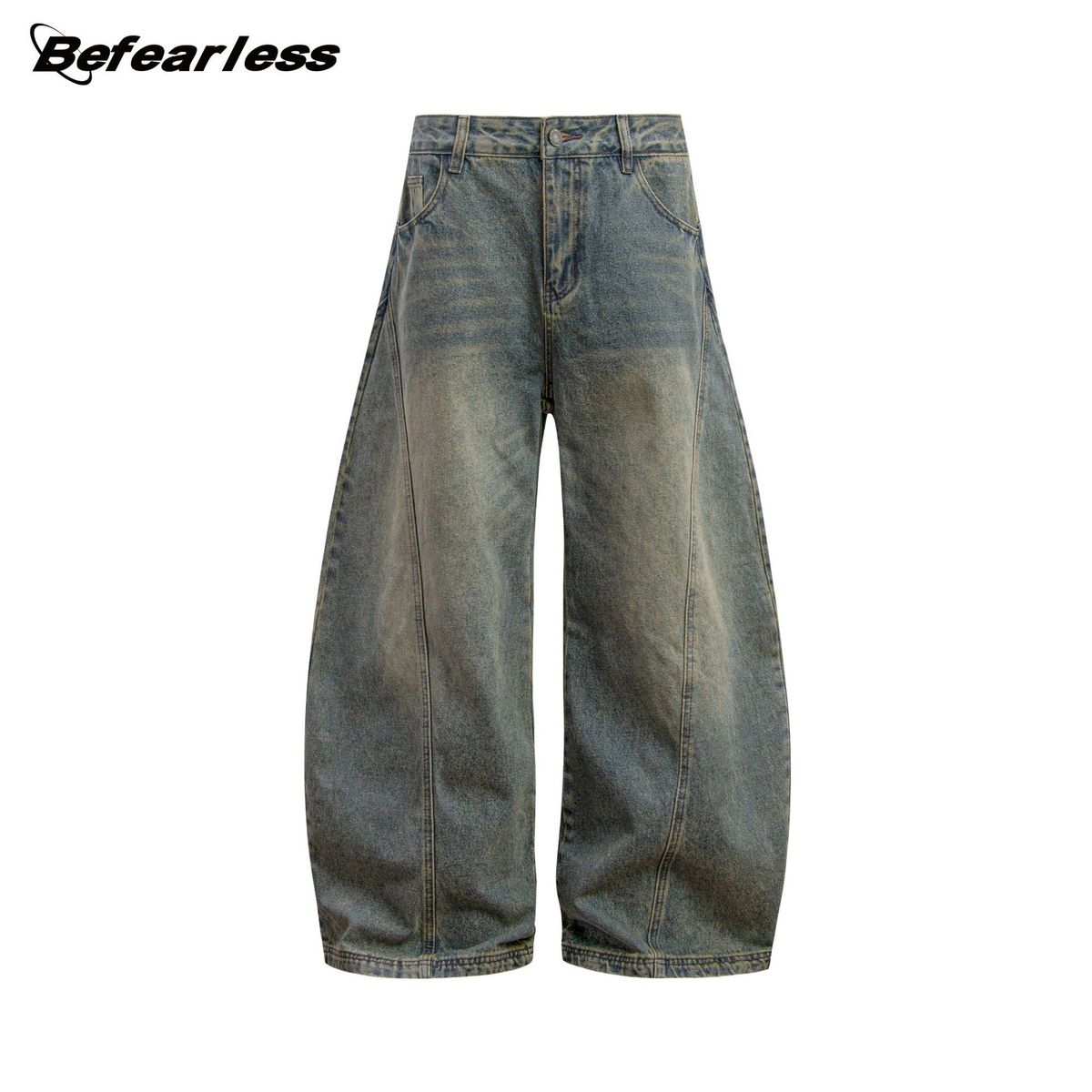 Men's Vintage Washed Distressed Jeans - Baggy Wide-Leg Denim Pants With Retro Fading & Unique Sickle Cut (Blue)_mkmklike.com