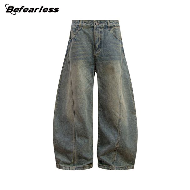 Men's Vintage Washed Distressed Jeans - Baggy Wide-Leg Denim Pants With Retro Fading & Unique Sickle Cut (Blue)_mkmklike.com