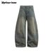 Men's Vintage Washed Distressed Jeans - Baggy Wide-Leg Denim Pants With Retro Fading & Unique Sickle Cut (Blue)_mkmklike.com