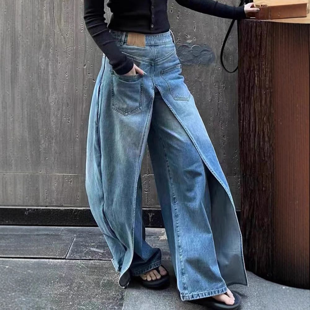 Women's Clothing Retro Deconstruction Style Reversible Jeans Y2k High Street Design Lengthened Casual Wide Leg Pants_mkmklike.com