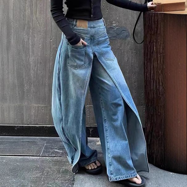 Women's Clothing Retro Deconstruction Style Reversible Jeans Y2k High Street Design Lengthened Casual Wide Leg Pants_mkmklike.com
