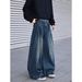 Men's Retro Blue Belted Jeans - Loose Straight Leg Denim Pants For Autumn & Winter, High Street Wide Leg Style_mkmklike.com