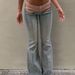 Women's American Style Low Rise Color Block Patchwork Flared Jeans Vertical Stripe Seam Stretch Washed Light Blue Denim_mkmklike.com