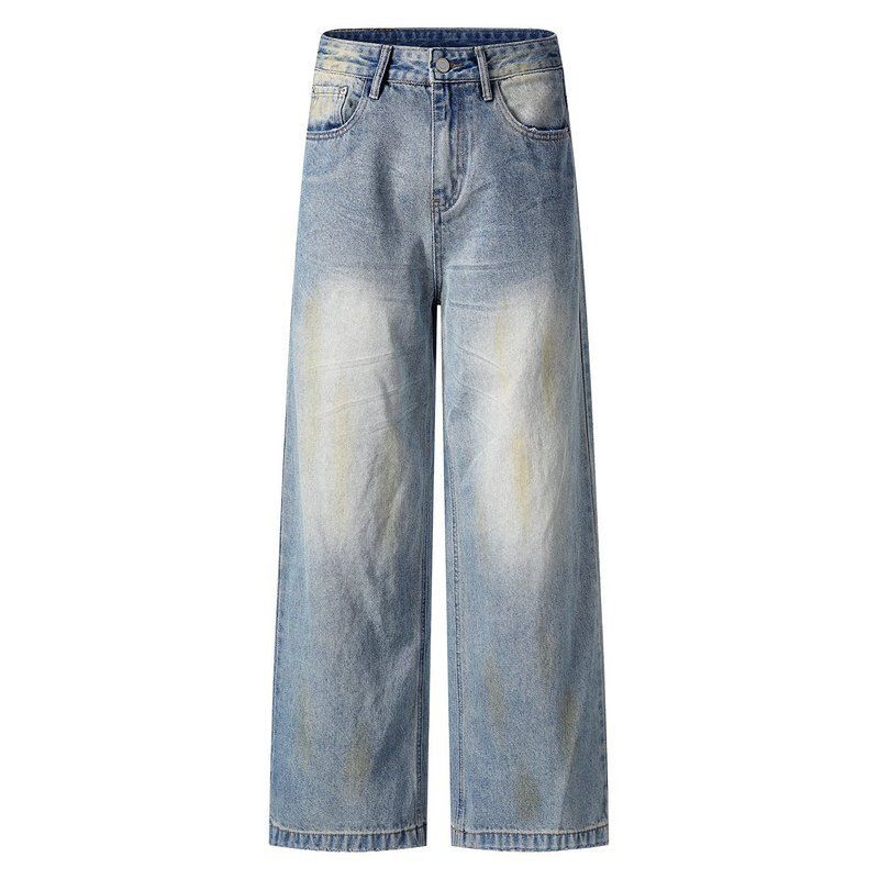 Men's Clothing High Street Vibe Washed Jeans Men's Retro Worn Dirty Stained Wide Leg Pants Loose Straight Trousers Men's Wear_mkmklike.com