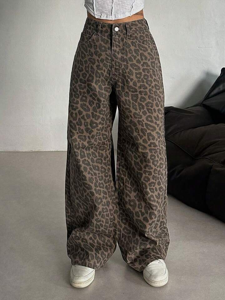 Leopard Print Denim Jeans Loose Fit Straight Leg Casual Wide Leg Pants For Spring Autumn_mkmklike.com