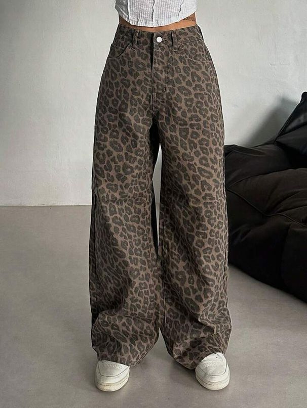 Leopard Print Denim Jeans Loose Fit Straight Leg Casual Wide Leg Pants For Spring Autumn_mkmklike.com